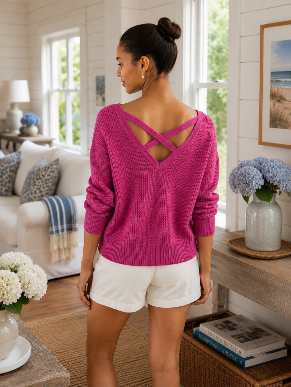 ANTHROPOLOGIE MAUVE V-Neck Waffle Knit Sweater - Raspberry Pink - Picture 3 of 5